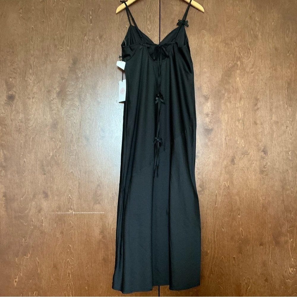 Crystal Doll Black Satin Slip Dress Bow Straps Event Wedding Guest Party Glam L - Picture 6 of 10